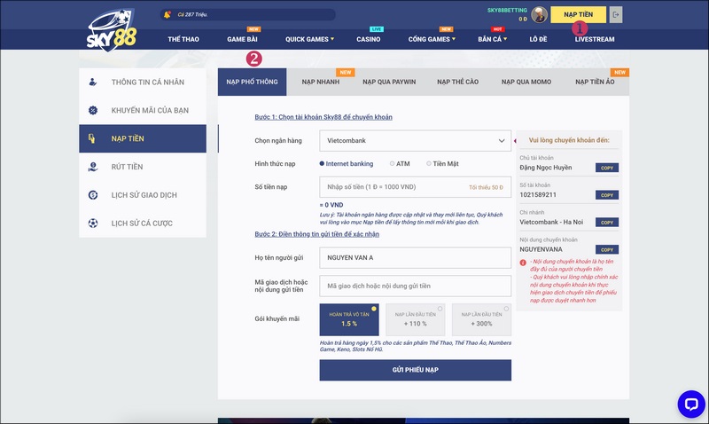 Nạp tiền Sky88 - Cách để trải nghiệm kho cá cược nhanh nhất 1 Phương Thức Nạp Tiền Sky88 Được Triển Khai Đa Dạng